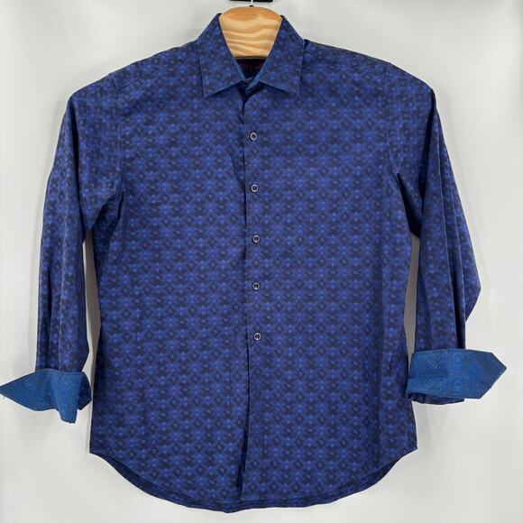 Robert Graham Medium Blue Diamond Pattern Flip Cuff Long Sleeve Button Up Shirt - Picture 5 of 6